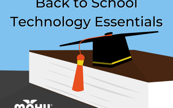 Graduation cap sitting on a book, mohu logo, Back to School Technology Essentials