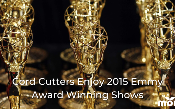 Table filled with Emmy Awards, Cord Cutters Enjoy 2015 Emmy Award Winning Shows, Mohu logo