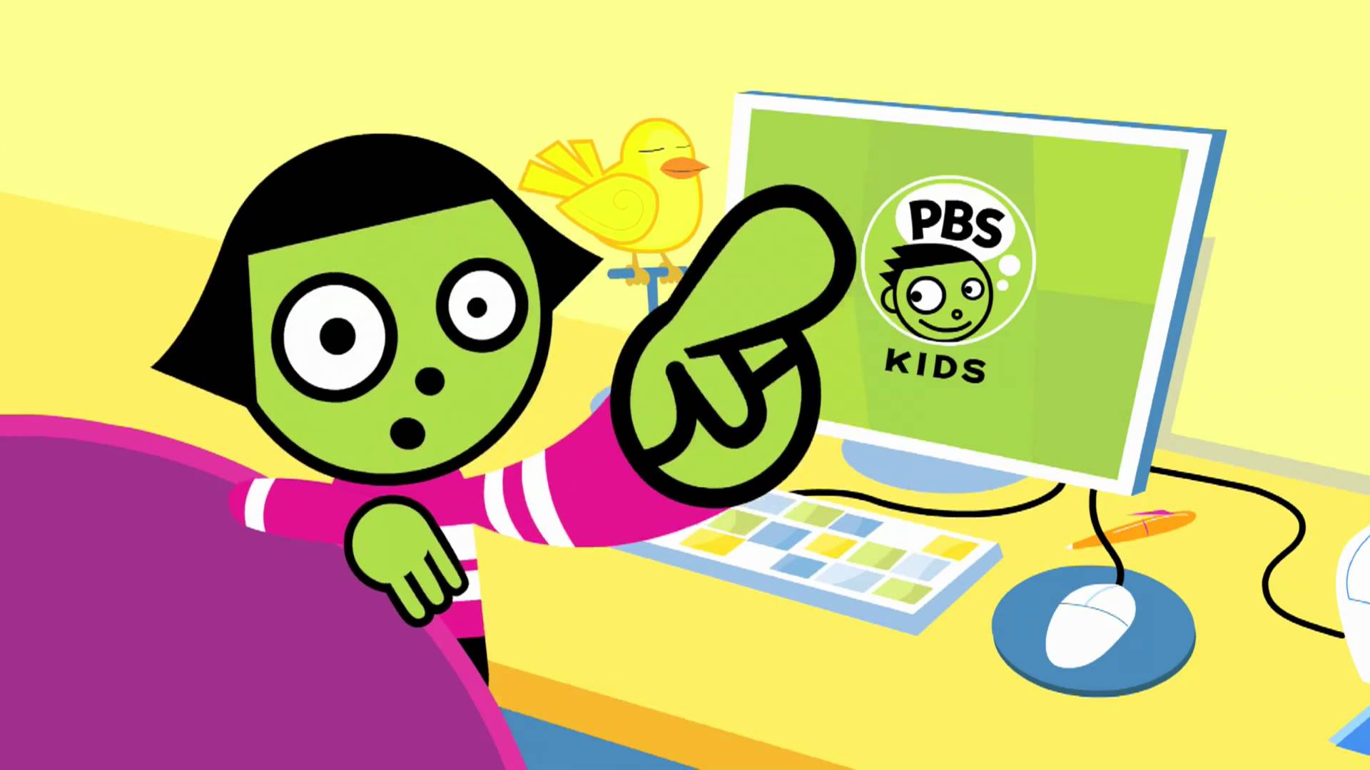 PBS Kids image, cartoon girl sitting in front of a computer monitor with PBS kids logo