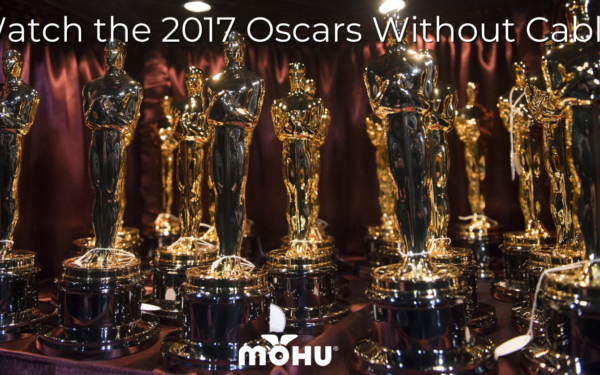 Table full of Oscar Awards and the copy "Watch the 2017 Oscars Without Cable" and Mohu logo