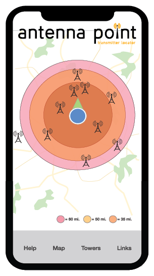 phone screen with sample data from the app displayed as overlapping circles indicating differnent antennas within your range